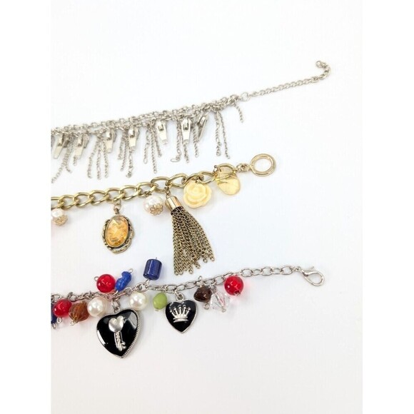 Set of 3 Charm Bracelet Zip Motif Heart Faux Pearl Flower Beads Retro Y2K Whimsy - Picture 5 of 12